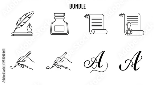 Elegant writing bundle featuring quill inkwell scrolls and calligraphy letters.