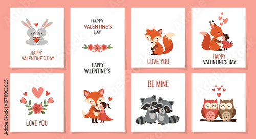 Collection of adorable Valentine cards features various animals like bunnies, foxes, and owls sharing love.