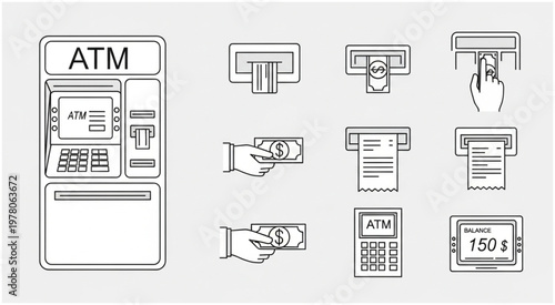 ATM machine and related icons depicting financial transactions and banking services.