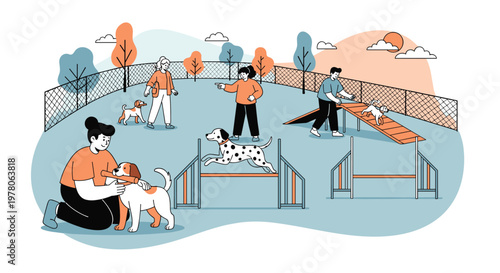 People train their dogs at an outdoor agility park featuring various obstacles like jumps, ramps, and tunnels.