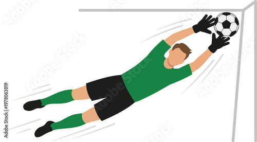 Soccer goalkeeper diving to catch ball in green uniform