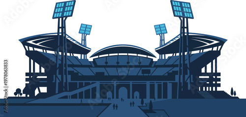 A blue silhouette of a large stadium with four floodlights on tall poles