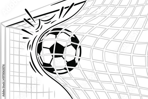 Soccer ball flying into goal net with motion lines