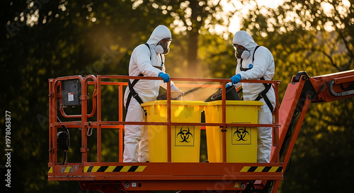 hazmat suit workers safely disposing biohazard waste during a professional decontamination and emergency response operation.