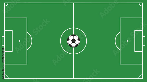 A green soccer field with white lines and a soccer ball in the center