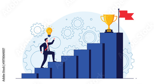 Determined businessman climbing up rising bar charts towards a golden trophy and lightbulb symbolizing success and innovation.