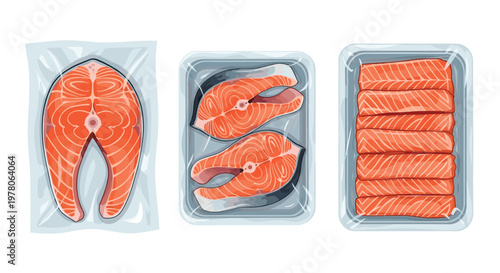 Fresh salmon steaks and fillets professionally packaged in vacuum-sealed trays and plastic wrap for retail display and sale.