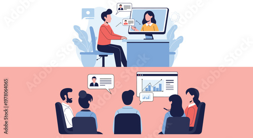Comparison between online video conferencing and traditional in-person business meetings with data charts on a digital screen.