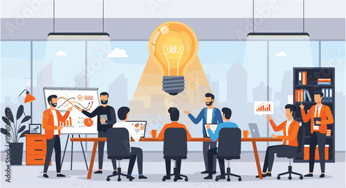 Diverse team brainstorming in modern office with bright idea in warm colorful lighting for business and innovation