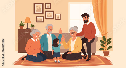 Happy multi-generational family spending time together in a cozy living room with grandparents, parents, and a child.