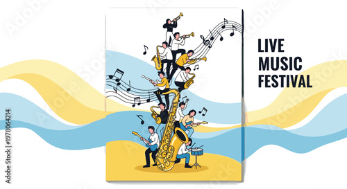Creative live music festival poster featuring musicians playing various instruments on a large abstract saxophone.