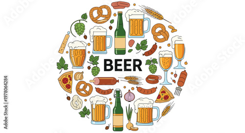 Circular arrangement of various beer glasses, bottles, pretzels, pizza slices, and hop branches for a brewery theme.