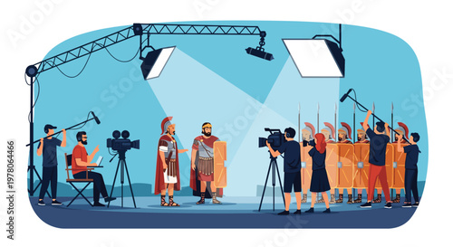 Behind the scenes look at a film production set featuring actors in ancient Roman costumes and a large camera crew.