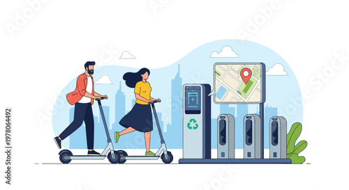 Man and woman riding electric scooters in a modern city near an ecological charging station with a map display.