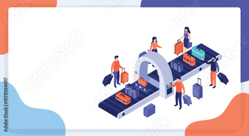 Passengers waiting at an airport security checkpoint for their luggage to be scanned on a motorized conveyor belt.