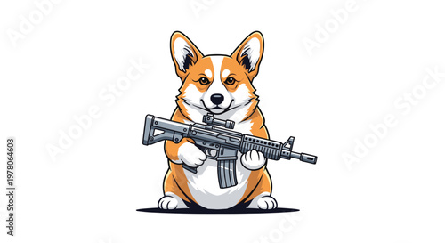 Humorous illustration of a tough looking corgi dog sitting and holding a large grey assault rifle with a scope.