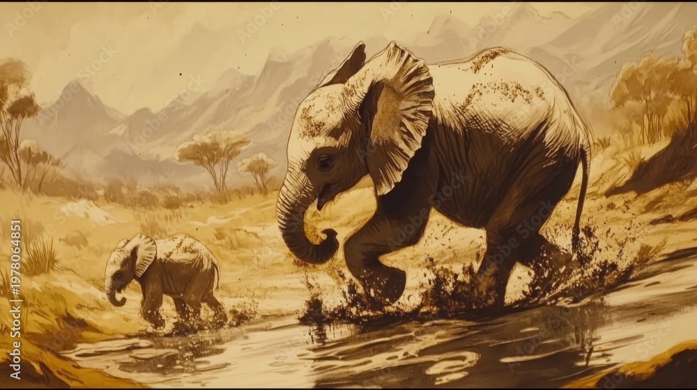 Fototapeta premium Elephant Calf Joyfully Splashes in Muddy Waterhole