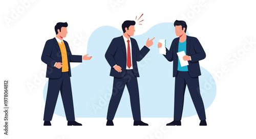 Group of businessmen in suits having a heated argument or intense discussion in a professional workplace setting vector.