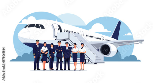 Group of airline pilots and flight attendants in uniform posing together in front of a commercial jet at an airport.