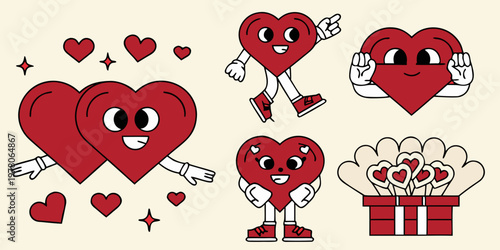 Charming red hearts with faces and limbs in a playful illustration