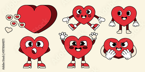 Collection of cartoon hearts with varied expressions and poses