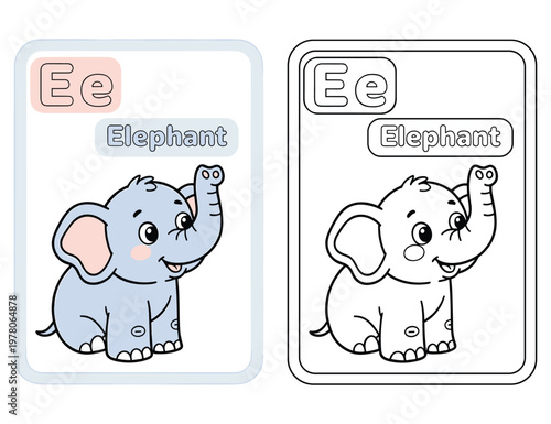 Elephant alphabet flashcard for kids with coloring page and cute animal character design.