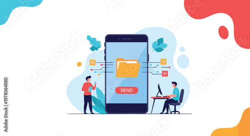 File transfer concept showing large smartphone with a folder icon and people working on data transmission isometric design.