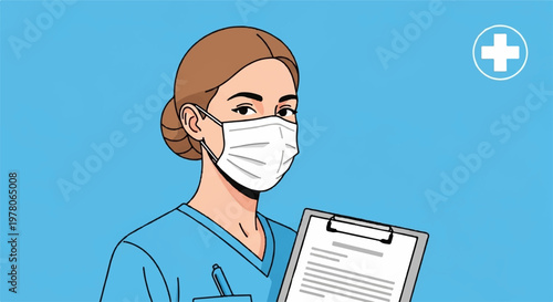 Professional nurse holding clipboard wearing blue medical uniform
