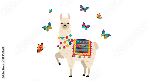 Cute decorative llama wearing a colorful pom-pom necklace and a traditional saddle surrounded by flying butterflies.