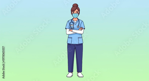 Full body illustration of nurse with mask and arms crossed