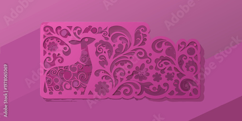 Intricate pink deer silhouette with floral and leafy papercut design
