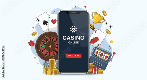 Mobile gambling concept featuring a smartphone surrounded by poker cards roulette wheel slot machine and gold coins vector.