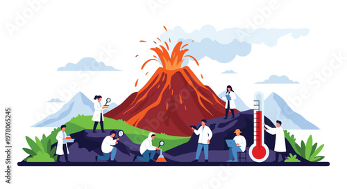 Group of volcanologists in protective gear conducting scientific research and taking measurements near an erupting volcano vector.