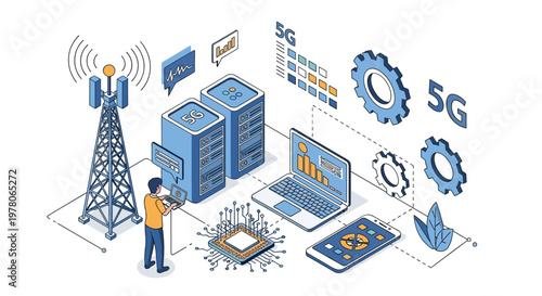 Modern 5G network technology concept showing telecommunication towers servers and data processing isometric vector illustration.