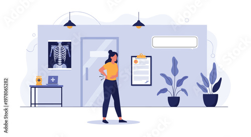 Woman suffering from chronic back pain visiting a medical clinic with an X-ray of the spine displayed on the wall illustration.