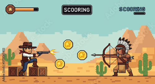 Retro 8-bit style video game scene showing a shootout between a cowboy and an indigenous warrior in a desert landscape.