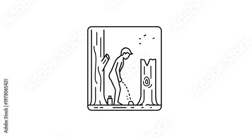 Man Urinating in Forest, Nature, Outdoor, Peeing, Trees, Isolated, Simple Line Art