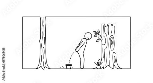 Man Urinating in Pot to Water Sapling in Forest