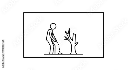 Man urinating on a dead tree, outdoor scene, simple line drawing illustration