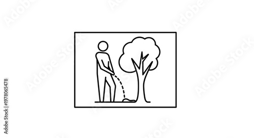 Man urinating on a tree in a park, simple line art icon