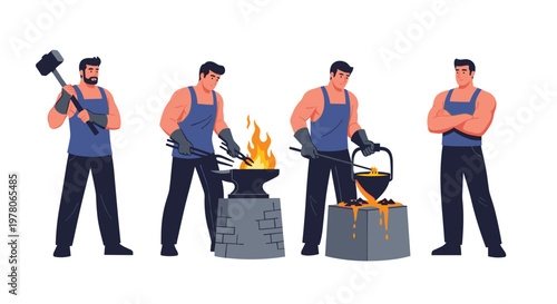 Set of professional blacksmiths in blue uniforms forging metal with a hammer anvil and molten liquid in a traditional workshop.
