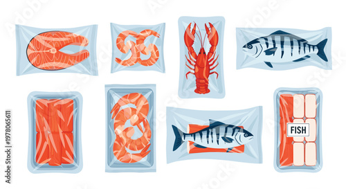 Assorted seafood products including salmon steaks, prawns, lobsters, and fish fillets in vacuum sealed transparent plastic packaging.