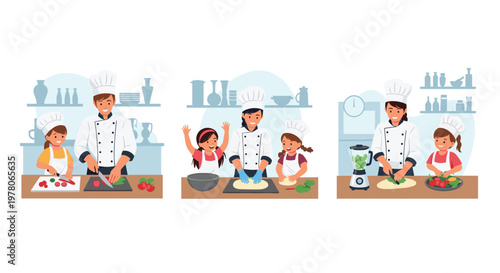 Professional chefs teaching children how to cook healthy meals in a kitchen setting with various ingredients and culinary tools.