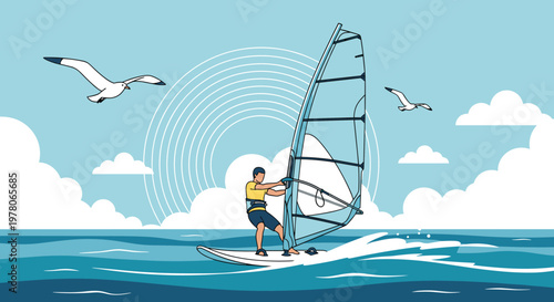 Adventurous person windsurfing on vibrant blue ocean waves under a clear sky with seagulls flying in a stylized vector art scene.