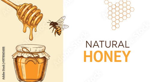 Natural honey illustration featuring a wooden dipper with dripping honey, a flying bee, and a classic glass jar on a soft background.