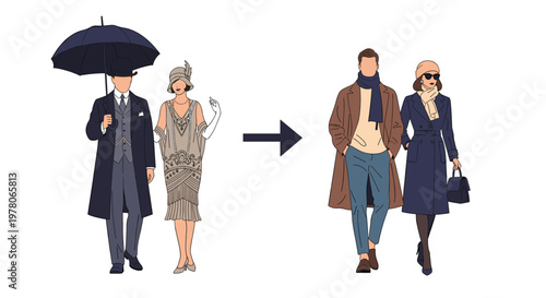 Evolution of couple fashion styles from vintage 1920s attire to contemporary modern winter outfits shown in side-by-side comparison.