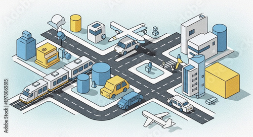 Isometric city illustration with transportation and buildings.