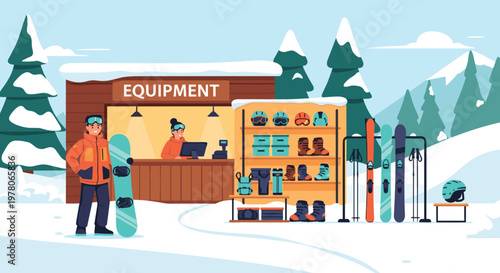 Winter sports equipment rental shop in a snowy mountain setting featuring skis, snowboards, helmets, and boots with staff and customers.