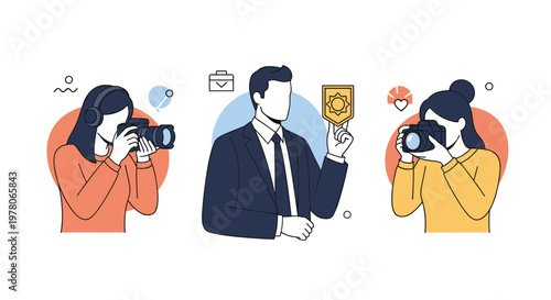 Two professional photographers with modern cameras taking pictures of a businessman holding an award against a clean background.