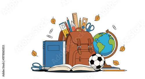 Assorted school supplies including a brown backpack, books, stationery, globe, and soccer ball representing back to school theme.